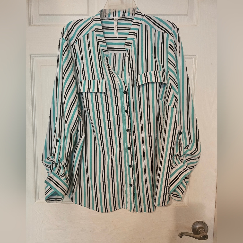 Green, black and white striped button down